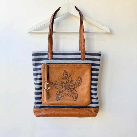 Brighton Handbags - Brighton Coastal Starfish Harbor Tote Anchor Charm Bag – Tan Leather & Navy Stri